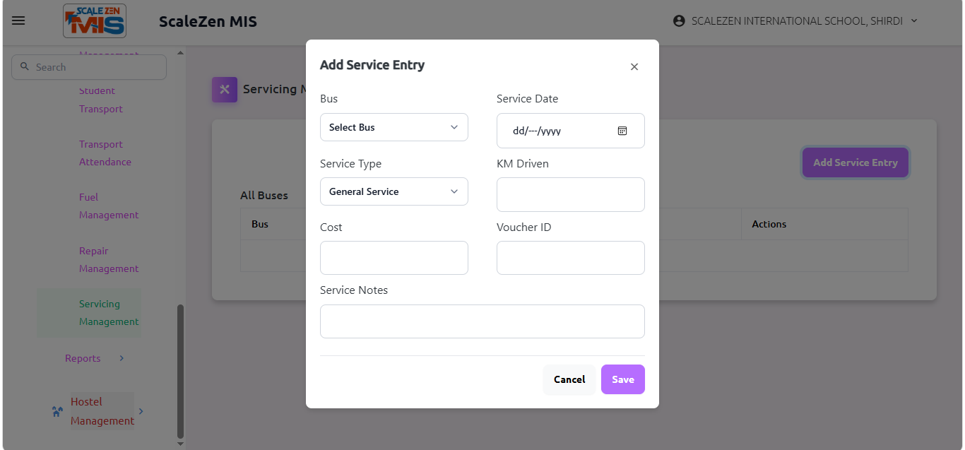 Servicing Management Screen